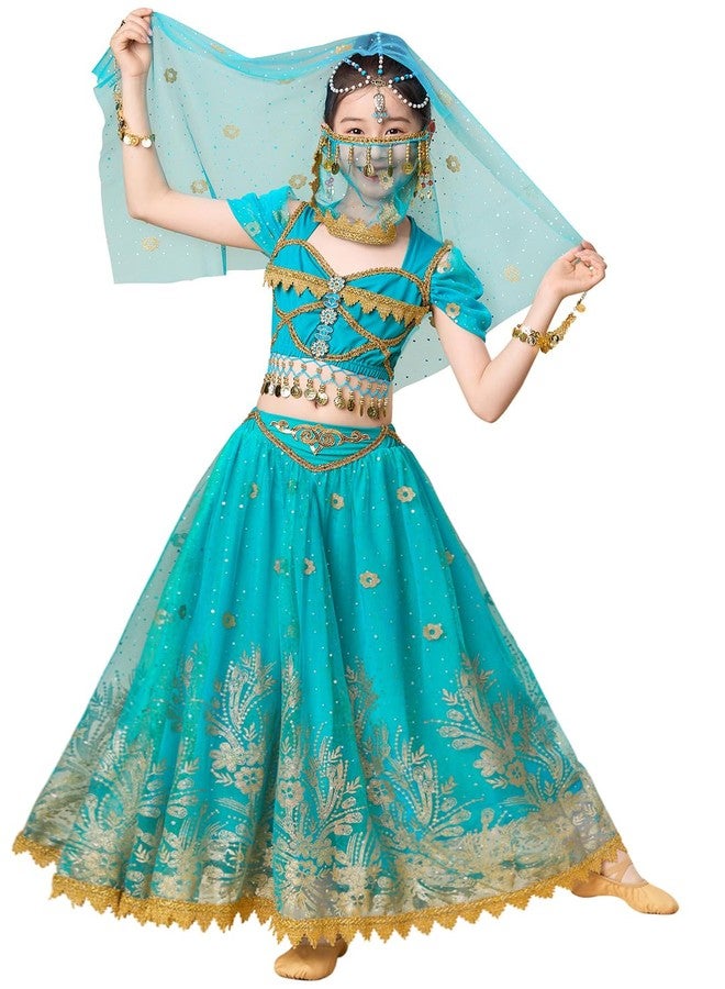 ELLYDOOR Princess Jasmine Costume for Girls Aladdin Dress UP Halloween Cosplay Party Belly Dance Outfit Blue, Tag 150 - Image 2
