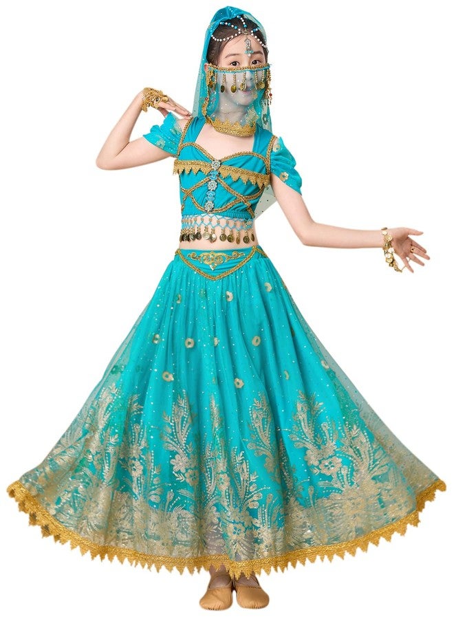 ELLYDOOR Princess Jasmine Costume for Girls Aladdin Dress UP Halloween Cosplay Party Belly Dance Outfit Blue, Tag 150 - Image 1