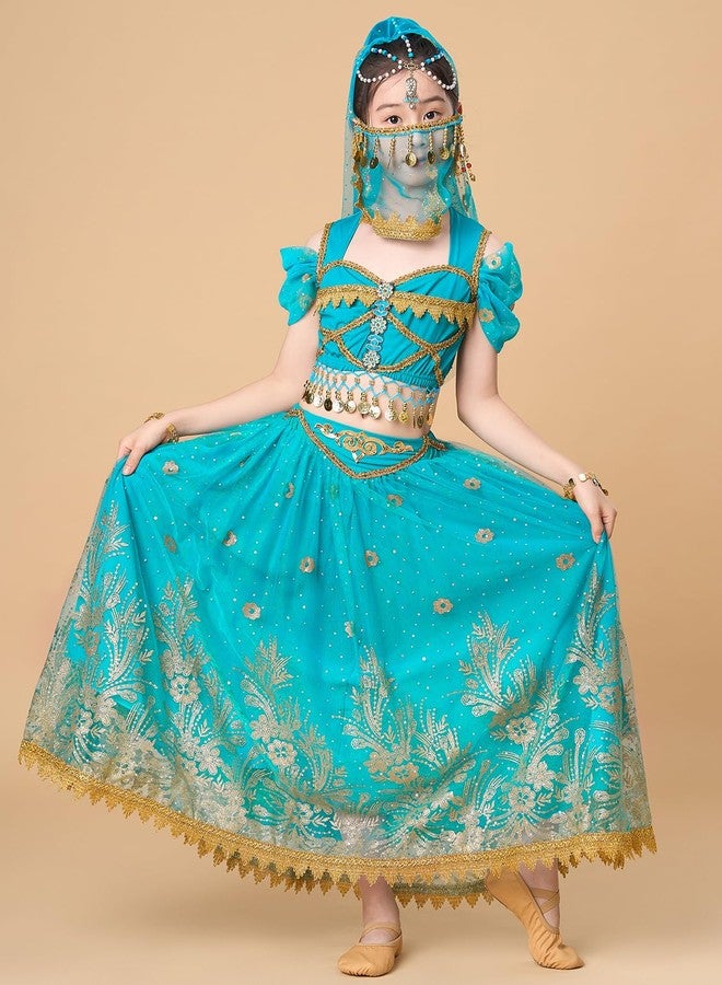 ELLYDOOR Princess Jasmine Costume for Girls Aladdin Dress UP Halloween Cosplay Party Belly Dance Outfit Blue, Tag 150 - Image 3