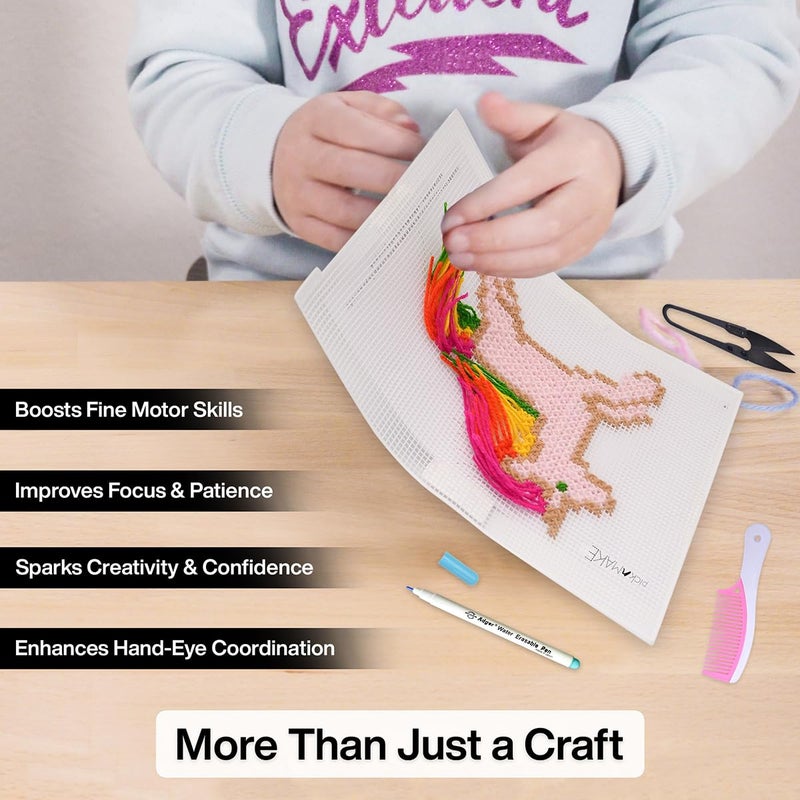 picknMAKE Cross Stitch Kit for Kids | Beginner DIY Unicorn Embroidery Craft Kit | DIY Learning & Hobby Craft Kit | Includes Plastic Mesh, Needle, Wool Yarn, Magic Pen & Instructions - Image 5