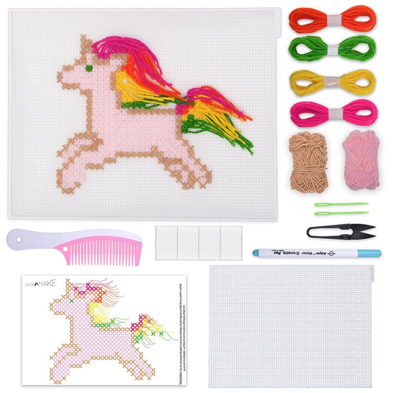 picknMAKE Cross Stitch Kit for Kids | Beginner DIY Unicorn Embroidery Craft Kit | DIY Learning & Hobby Craft Kit | Includes Plastic Mesh, Needle, Wool Yarn, Magic Pen & Instructions - Image 1