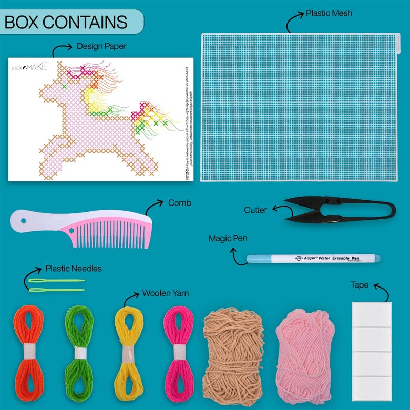 picknMAKE Cross Stitch Kit for Kids | Beginner DIY Unicorn Embroidery Craft Kit | DIY Learning & Hobby Craft Kit | Includes Plastic Mesh, Needle, Wool Yarn, Magic Pen & Instructions - Image 2