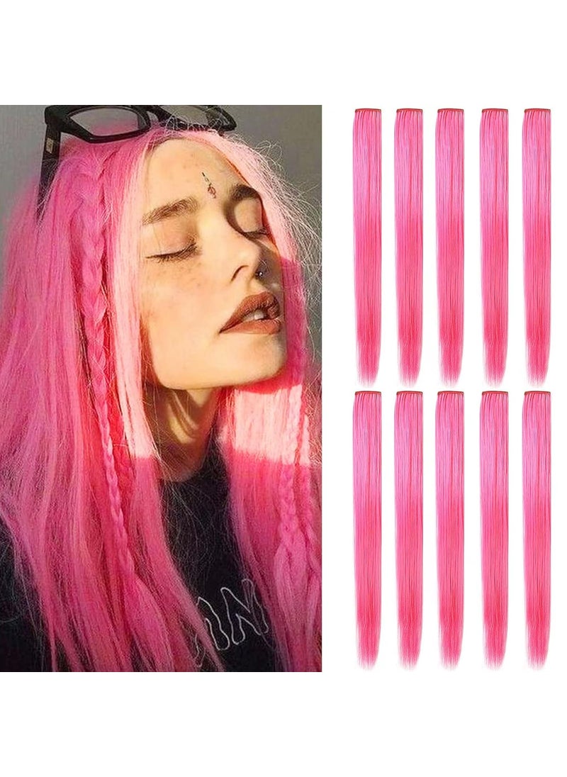 MOSCSMDY 10PCS 20Pink Hair Extensions for Girls Wig Pieces Clip in Coloured Hair Extensions for Women Colorful Hairpieces Party Highlights Synthetic Multiple Colors 
