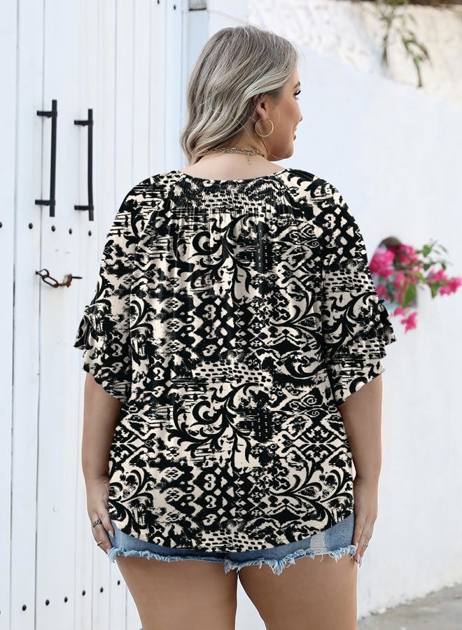 Micoson Womens Plus Size Tops 3/4 Ruffle Sleeve Shirts Crewneck Pleated Blouses Dressy Casual Fashion Tunic Top (1X-5X), Black Apricot Floral, 4XL - Image 2