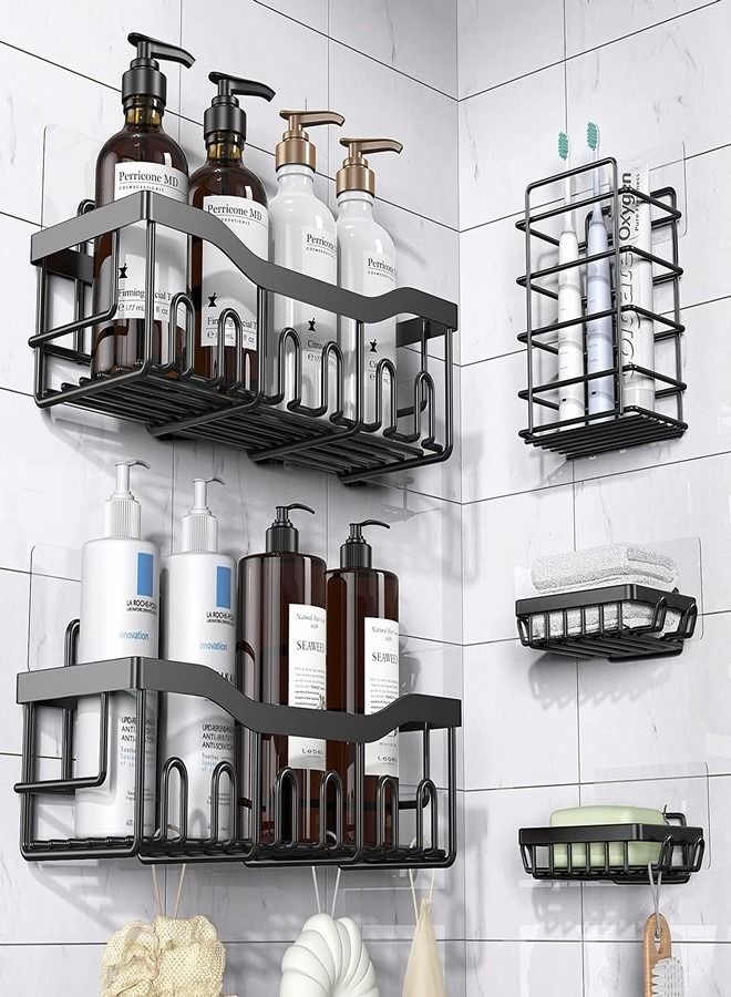 Shower Caddy 5 Pack, Adhesive Bathroom Organizer for Storage Kitchen, No Drilling, Large Capacity, Rustproof Stainless Steel Shelves Inside Rack