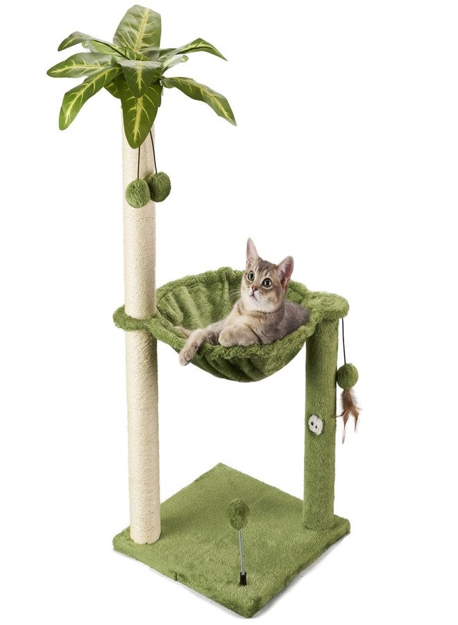 MECOOL Cat Tree for Indoor Cats 35" Tall Cat Scratching Post with Large Cat Hammcok and Hanging Ball Toys Plant Green - Image 1