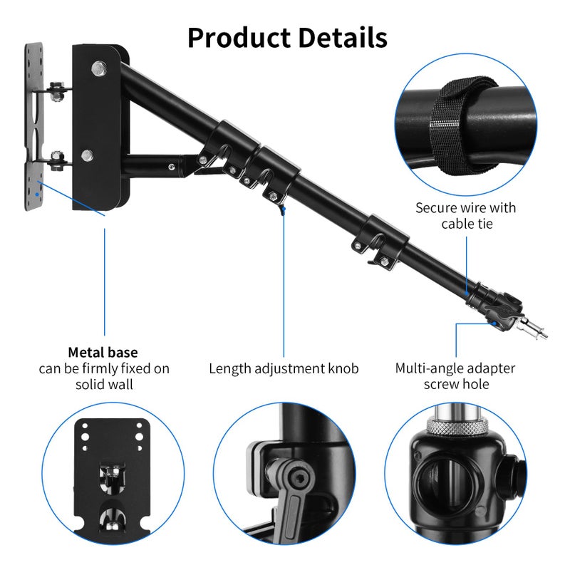 Selens Selens Wall Mounting Triangle Boom Arm 47-100 cm, Support 180 Degree Rotation, Ring Light Wall Mount for Photography Photo Studio, Beauty Salons, Ring Light and Flash Light - Image 2