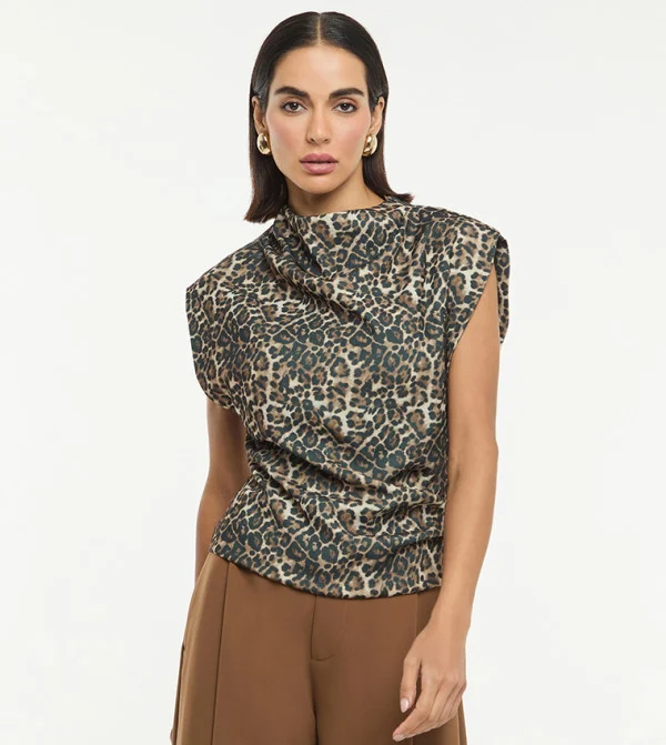 بي سي بي جي BCBG DRAPED NECK SHORT SLEEVES POLYTWILL BLOUSE