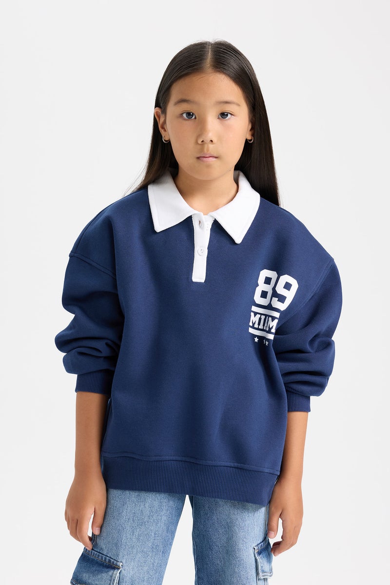 DeFacto Girl Oversize Fit Polo Neck Printed Thick Sweatshirt - Image 5