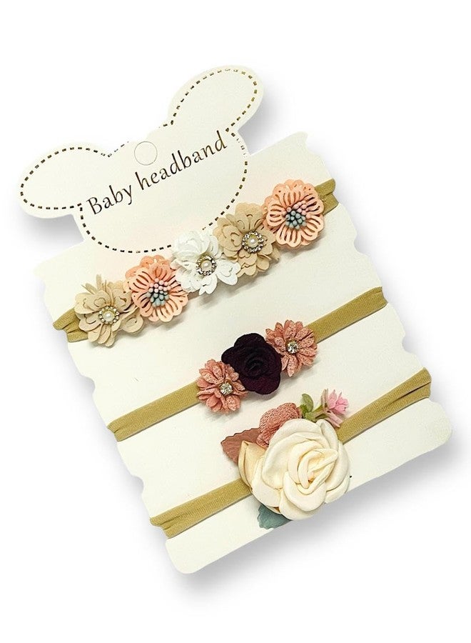 BAKEFY - 3 Pcs Baby Flower Headbands Baby Girls Nylon Headbands Soft Hairbands Hair Accessories for Newborn Infant Toddler Kids（Beige Pink marron ） - Image 3