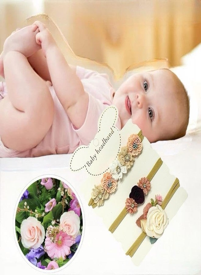 BAKEFY - 3 Pcs Baby Flower Headbands Baby Girls Nylon Headbands Soft Hairbands Hair Accessories for Newborn Infant Toddler Kids（Beige Pink marron ） - Image 4