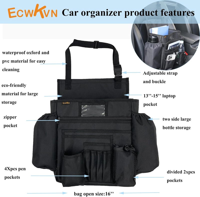 ECWKVN Car Front Seat Organizer - Car File Organizer, Passenger Seat Storage Bag Law Enforcement - Vehicle Storage with Dedicated Laptop Tablet Holder Cup Holder, Black - Image 2