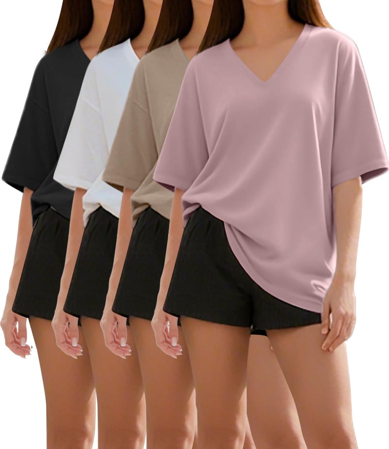 Kinglaman 4 Pack Oversized TShirts for Women, Short Sleeve Drop shoulders Plus Size Baggy Dry Fit T Shirts Tops Tees for Casual or Athletic 1 Black 1 White 1 Dark Pink 1 Khaki 3X-Large - Image 1