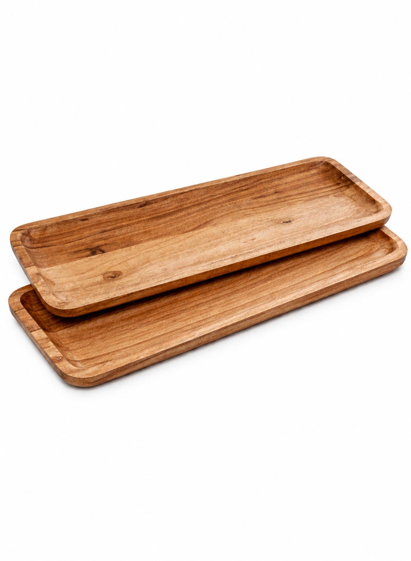 Aanya Homecraft Premium  Set of 2 Long Rectangular Wood Serving Trays - 51x16.5cm + 43x14cm – Handcrafted Slim Snack & Appetizer Platters for Dining, Tea Time & Hosting, Natural Brown - Image 1