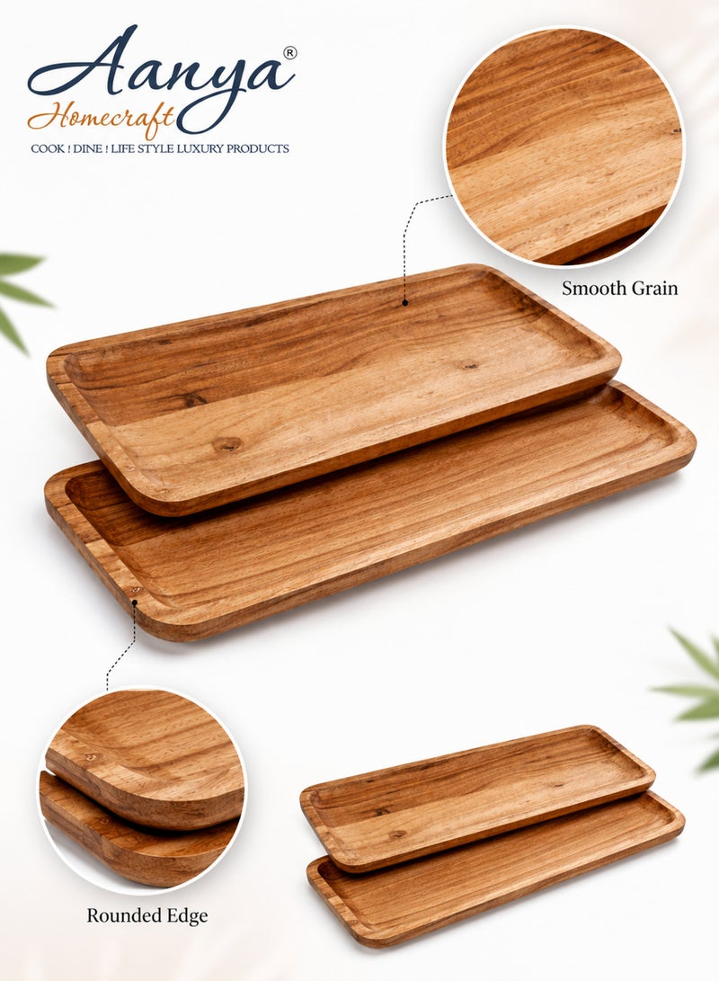 Aanya Homecraft Premium  Set of 2 Long Rectangular Wood Serving Trays - 51x16.5cm + 43x14cm – Handcrafted Slim Snack & Appetizer Platters for Dining, Tea Time & Hosting, Natural Brown - Image 2