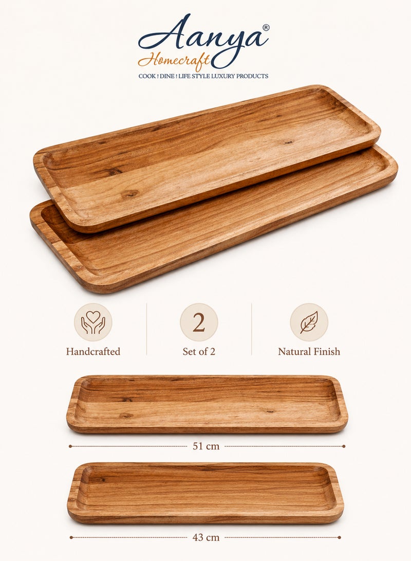 Aanya Homecraft Premium  Set of 2 Long Rectangular Wood Serving Trays - 51x16.5cm + 43x14cm – Handcrafted Slim Snack & Appetizer Platters for Dining, Tea Time & Hosting, Natural Brown - Image 3