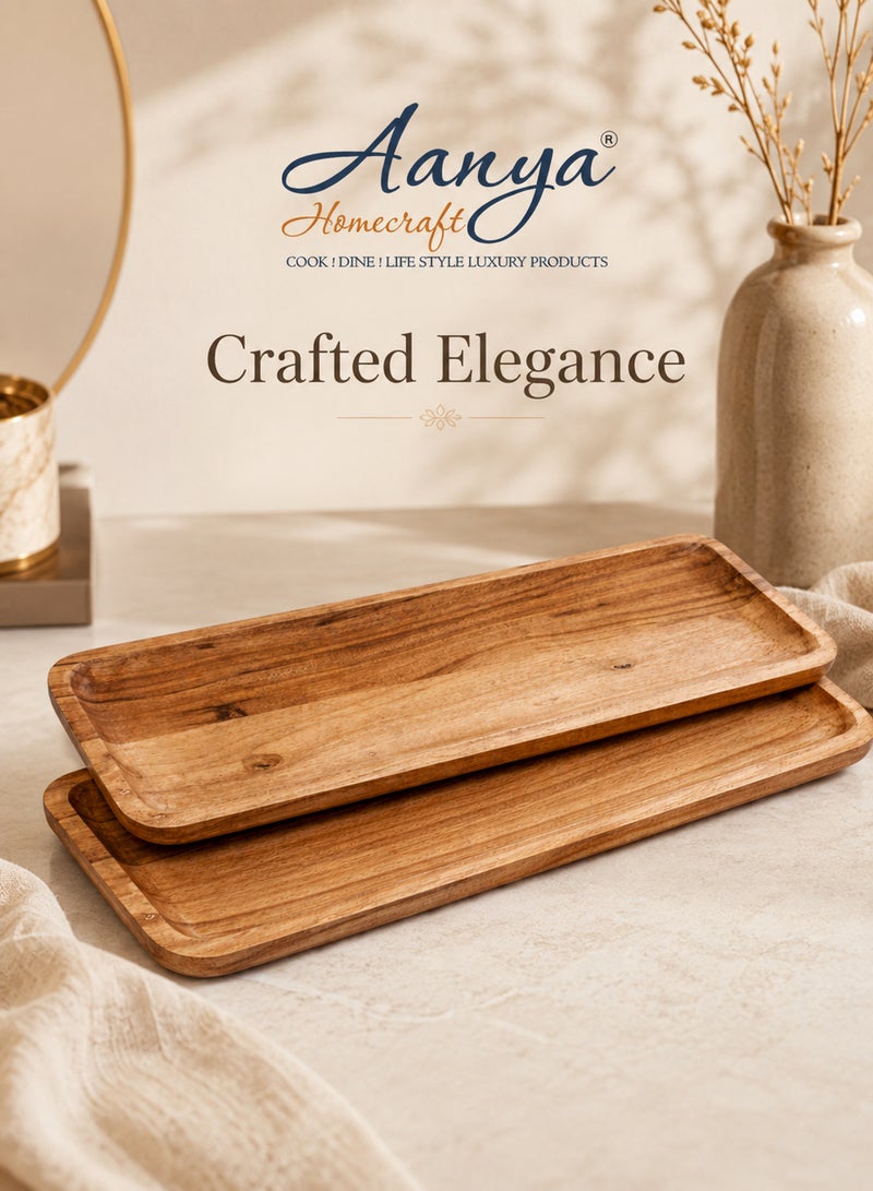 Aanya Homecraft Premium  Set of 2 Long Rectangular Wood Serving Trays - 51x16.5cm + 43x14cm – Handcrafted Slim Snack & Appetizer Platters for Dining, Tea Time & Hosting, Natural Brown - Image 5