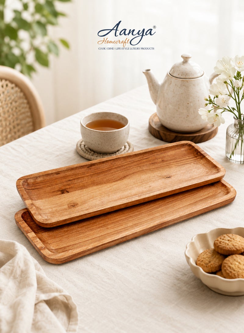 Aanya Homecraft Premium  Set of 2 Long Rectangular Wood Serving Trays - 51x16.5cm + 43x14cm – Handcrafted Slim Snack & Appetizer Platters for Dining, Tea Time & Hosting, Natural Brown - Image 4