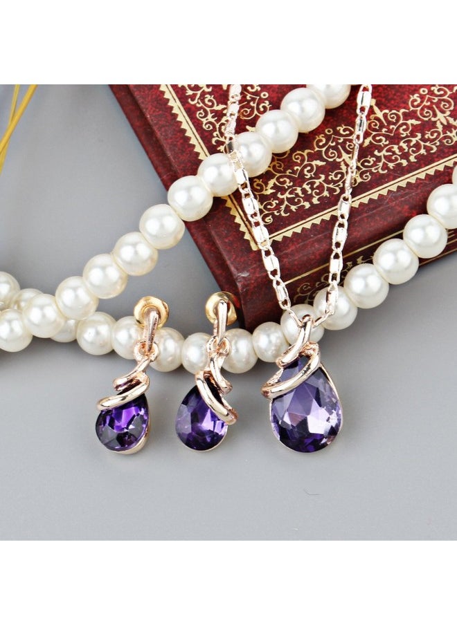 COLORFUL BLING Rose Gold Teardrop Infinity Pendant Necklace Dangle Earring Bridal Pearl Jewelry Sets Purple  - Image 2