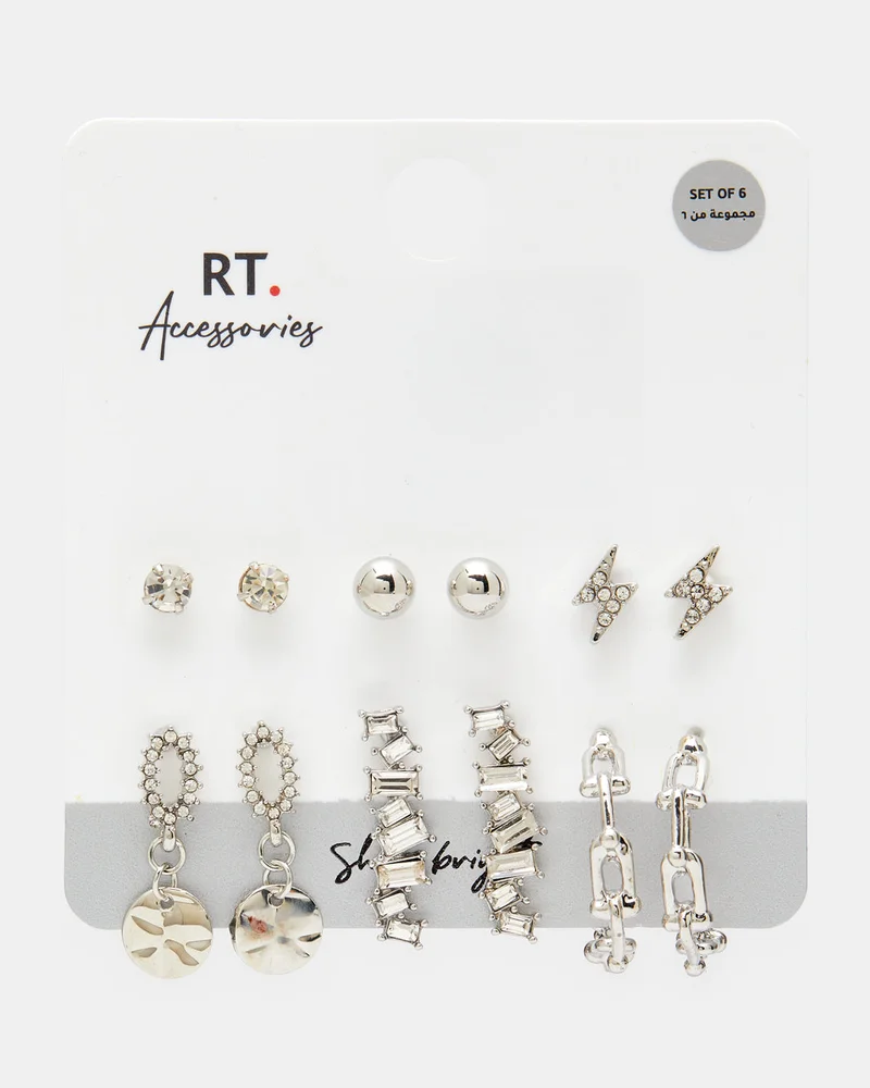 Redtag Women Silver Embellished Earring Set (6 Pairs)