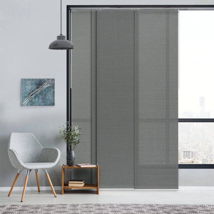 ADJUSTABLE SLIDING VERTICAL BLINDS FOR SLIDING GLASS DOORS 458 86 W X 96 H EXTENDABLE PANEL TRACK BLINDS FOR WINDOWS TRIMMABLE FABRIC PANEL CURTAIN SHADES SEMISHEER NIGHT OWL