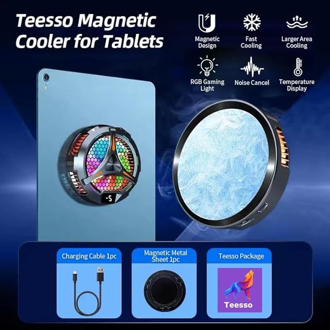 TEESSO IPAD COOLER, UPGRATED 3.9 INCH DIAMETER MAGNETIC TABLET COOLER, IPAD COOLING PAD PHONE COOLING FAN 27W POWER DRIVER, TEMPERATURE DISPLAY RADIATOR FOR IPHONE IPAD PORTABLE LAPTOP COOLER - Image 2