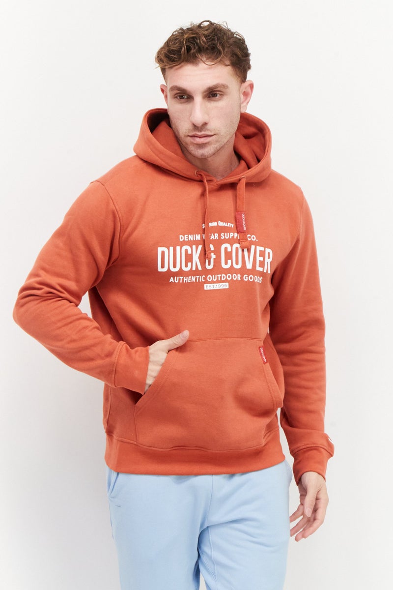 DUCK AND COVER Men Hooded Brand Logo Sweatshirt, Rust - Image 1