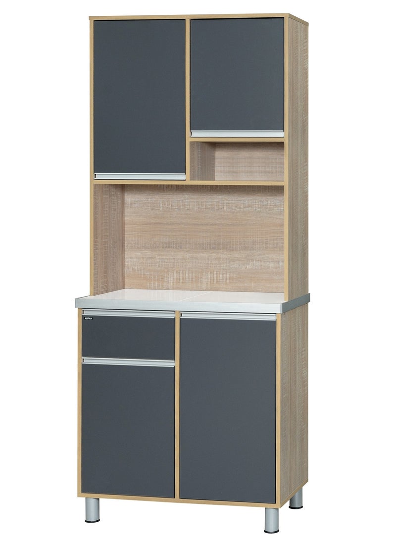 AFT - Modern Storage Cabinet Freestanding Kitchen Pantry Cabinet Microwave Storage Stand with Total of 4-Doors and Drawer Large Storage Space for Kitchen, Dining Room, Living Room. Versatile 2-Door at bottom and 2 doors at top Kitchen Cabinet with Sturdy Tile Top and drawer Stylish Storage Solution. Soft-Closer Doors. Long handles can be straight or slightly curved, adding a modern touch. Consider the handle’s profile to complement your cabinet design. (Dark Gray / Sonoma oak) Arfan Ekol Series - Image 1