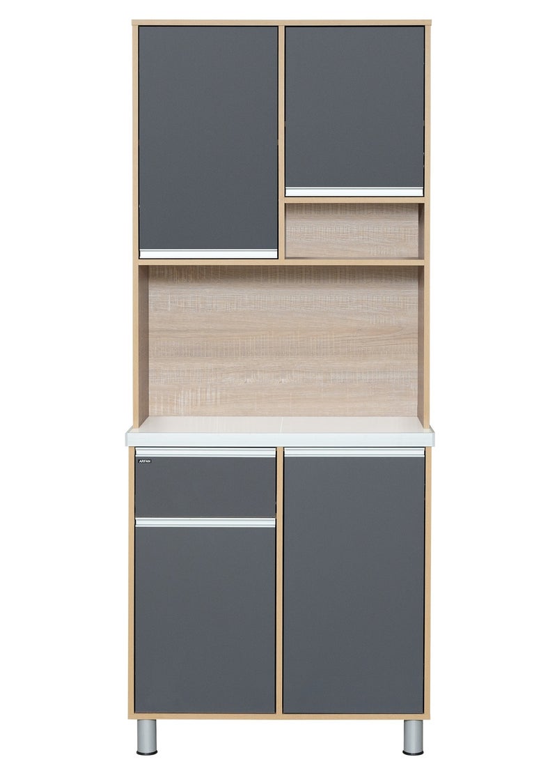 AFT - Modern Storage Cabinet Freestanding Kitchen Pantry Cabinet Microwave Storage Stand with Total of 4-Doors and Drawer Large Storage Space for Kitchen, Dining Room, Living Room. Versatile 2-Door at bottom and 2 doors at top Kitchen Cabinet with Sturdy Tile Top and drawer Stylish Storage Solution. Soft-Closer Doors. Long handles can be straight or slightly curved, adding a modern touch. Consider the handle’s profile to complement your cabinet design. (Dark Gray / Sonoma oak) Arfan Ekol Series - Image 1
