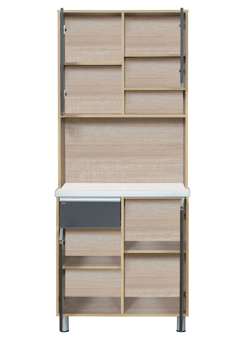 AFT - Modern Storage Cabinet Freestanding Kitchen Pantry Cabinet Microwave Storage Stand with Total of 4-Doors and Drawer Large Storage Space for Kitchen, Dining Room, Living Room. Versatile 2-Door at bottom and 2 doors at top Kitchen Cabinet with Sturdy Tile Top and drawer Stylish Storage Solution. Soft-Closer Doors. Long handles can be straight or slightly curved, adding a modern touch. Consider the handle’s profile to complement your cabinet design. (Dark Gray / Sonoma oak) Arfan Ekol Series - Image 1