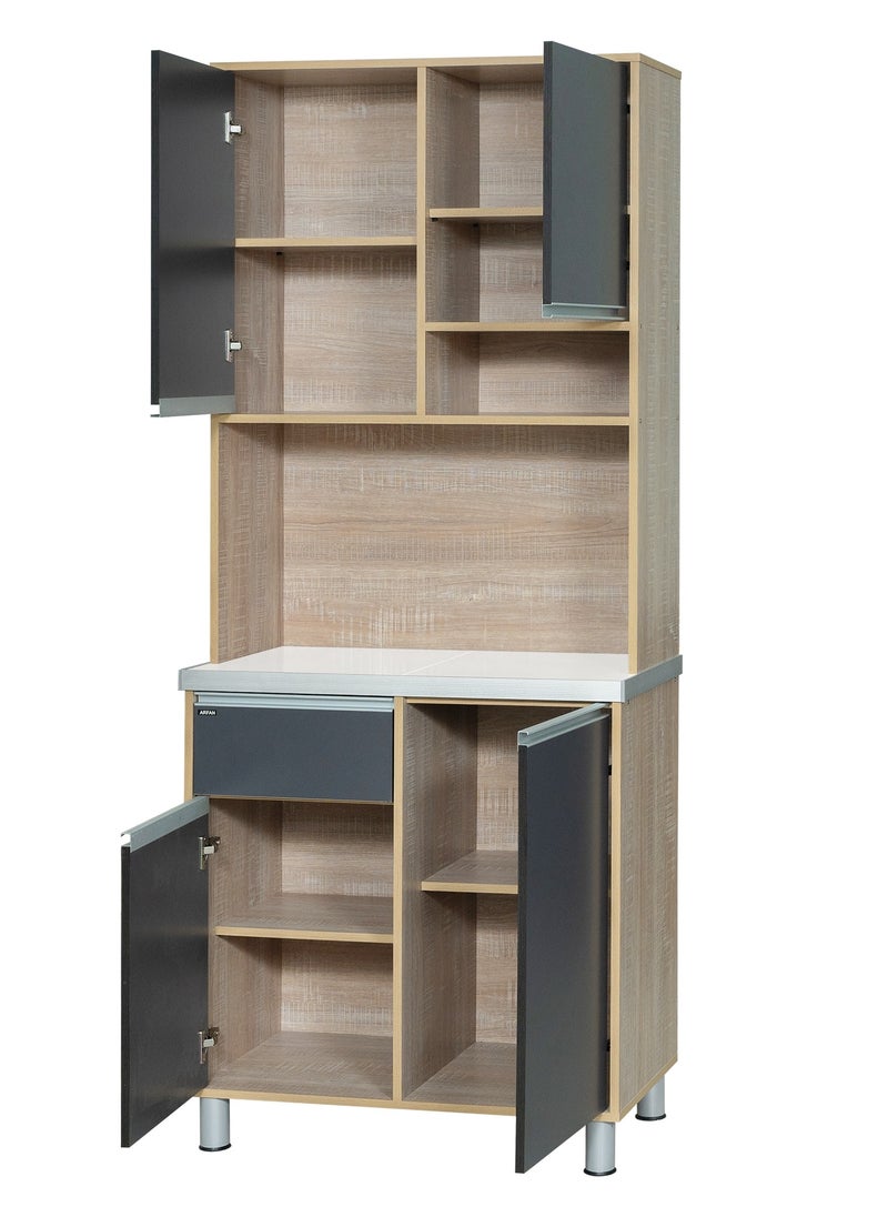 AFT - Modern Storage Cabinet Freestanding Kitchen Pantry Cabinet Microwave Storage Stand with Total of 4-Doors and Drawer Large Storage Space for Kitchen, Dining Room, Living Room. Versatile 2-Door at bottom and 2 doors at top Kitchen Cabinet with Sturdy Tile Top and drawer Stylish Storage Solution. Soft-Closer Doors. Long handles can be straight or slightly curved, adding a modern touch. Consider the handle’s profile to complement your cabinet design. (Dark Gray / Sonoma oak) Arfan Ekol Series - Image 1