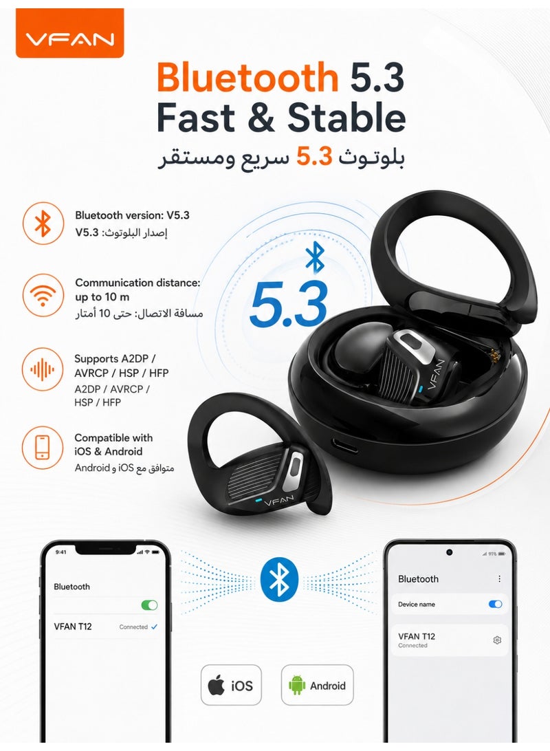 VFAN T12 Air Conduction Open-Ear Wireless Headphones with Earhooks, Bluetooth 5.3 Non-In-Ear Earbuds, 40H Playtime, HD Mic for Running, Driving & Sports, Sweat Resistant- Black - Image 5