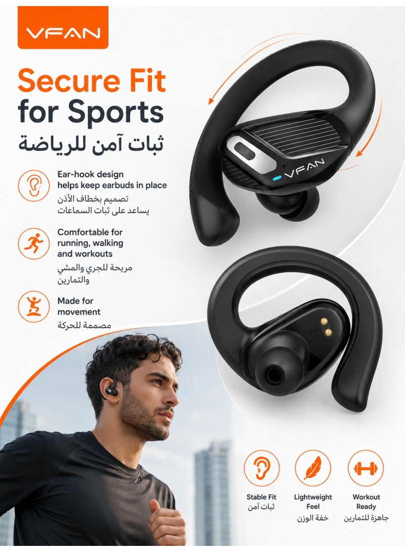 VFAN T12 Air Conduction Open-Ear Wireless Headphones with Earhooks, Bluetooth 5.3 Non-In-Ear Earbuds, 40H Playtime, HD Mic for Running, Driving & Sports, Sweat Resistant- Black - Image 3