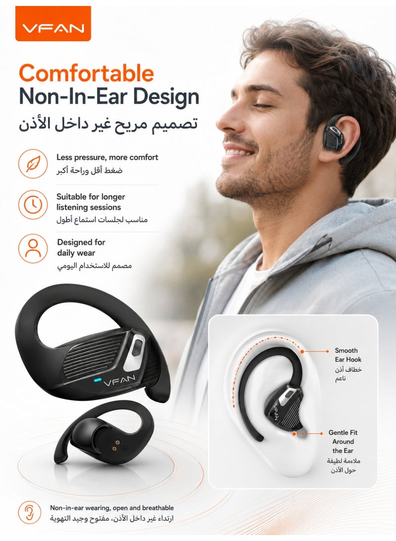 VFAN T12 Air Conduction Open-Ear Wireless Headphones with Earhooks, Bluetooth 5.3 Non-In-Ear Earbuds, 40H Playtime, HD Mic for Running, Driving & Sports, Sweat Resistant- Black - Image 4
