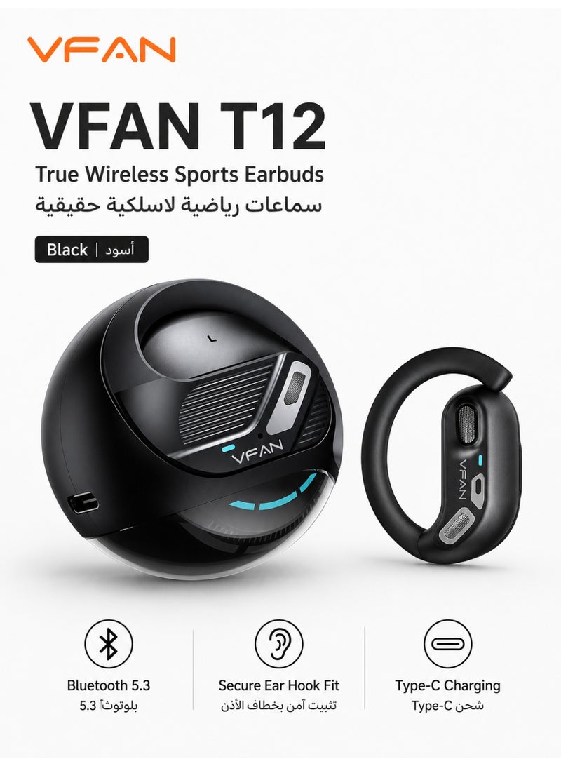 VFAN T12 Air Conduction Open-Ear Wireless Headphones with Earhooks, Bluetooth 5.3 Non-In-Ear Earbuds, 40H Playtime, HD Mic for Running, Driving & Sports, Sweat Resistant- Black - Image 1