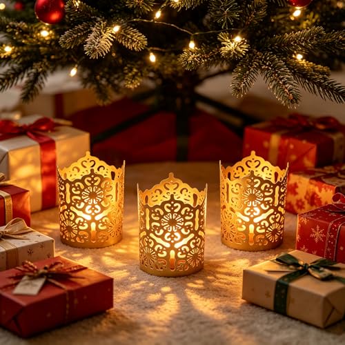 Hosley Set of 3 Gold Diamond Cut Candle Holders 4 Inches High Elevate Your Space with Elegant Metal Candle Holders in a Value Pack - Image 3