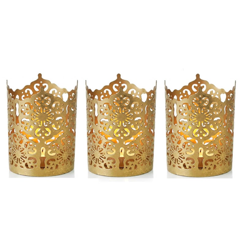 Hosley Set of 3 Gold Diamond Cut Candle Holders 4 Inches High Elevate Your Space with Elegant Metal Candle Holders in a Value Pack - Image 1