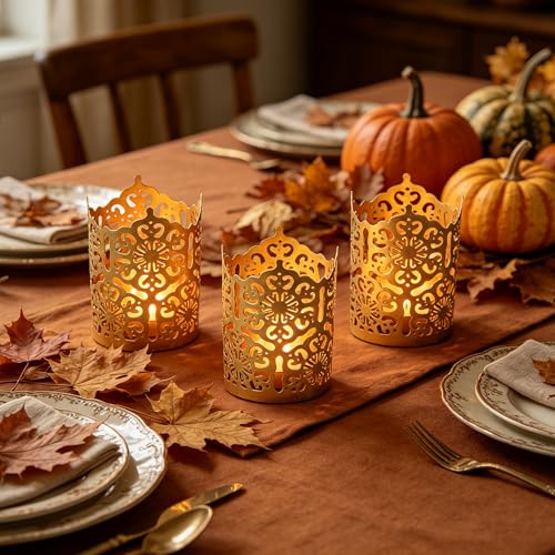 Hosley Set of 3 Gold Diamond Cut Candle Holders 4 Inches High Elevate Your Space with Elegant Metal Candle Holders in a Value Pack - Image 4