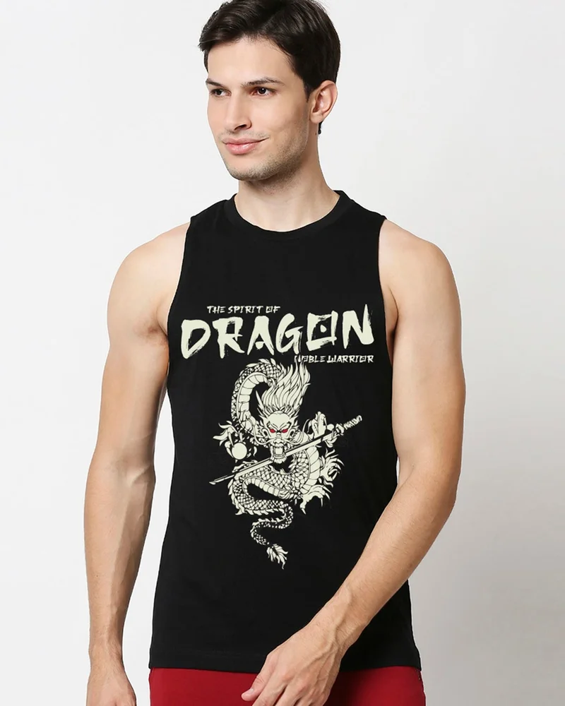 bewakoof Men's Jet Black Dragon Graphic Printed Oversized Vest