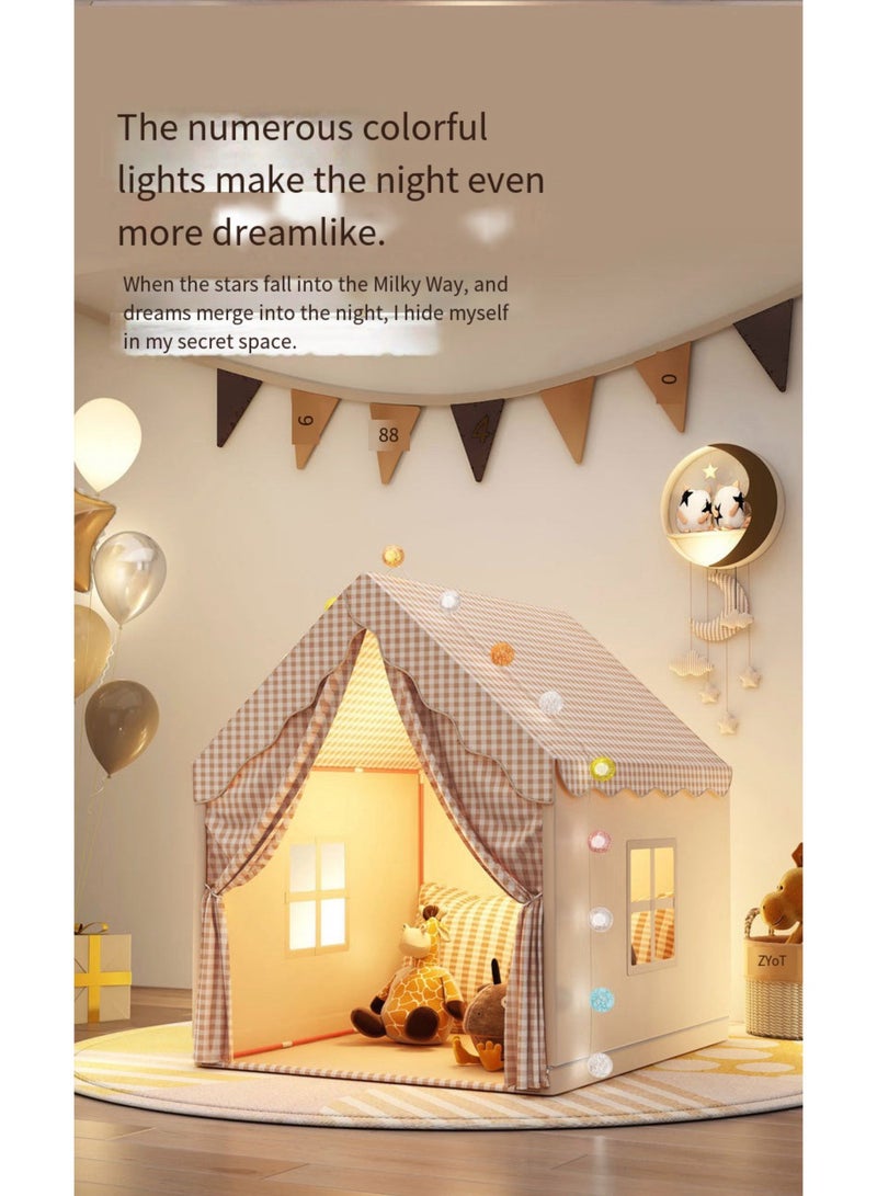 CUNUUDOOL Kids Play Tent Indoor, Kids Playhouse Set With Cotton Ball Light,Colorful Flags,Brown Striped Lattice Design, Toddler Castle For Children Outdoor, Gift For Boys And Girls Birthday - Image 2