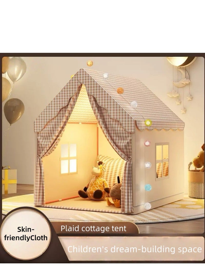 CUNUUDOOL Kids Play Tent Indoor, Kids Playhouse Set With Cotton Ball Light,Colorful Flags,Brown Striped Lattice Design, Toddler Castle For Children Outdoor, Gift For Boys And Girls Birthday - Image 1