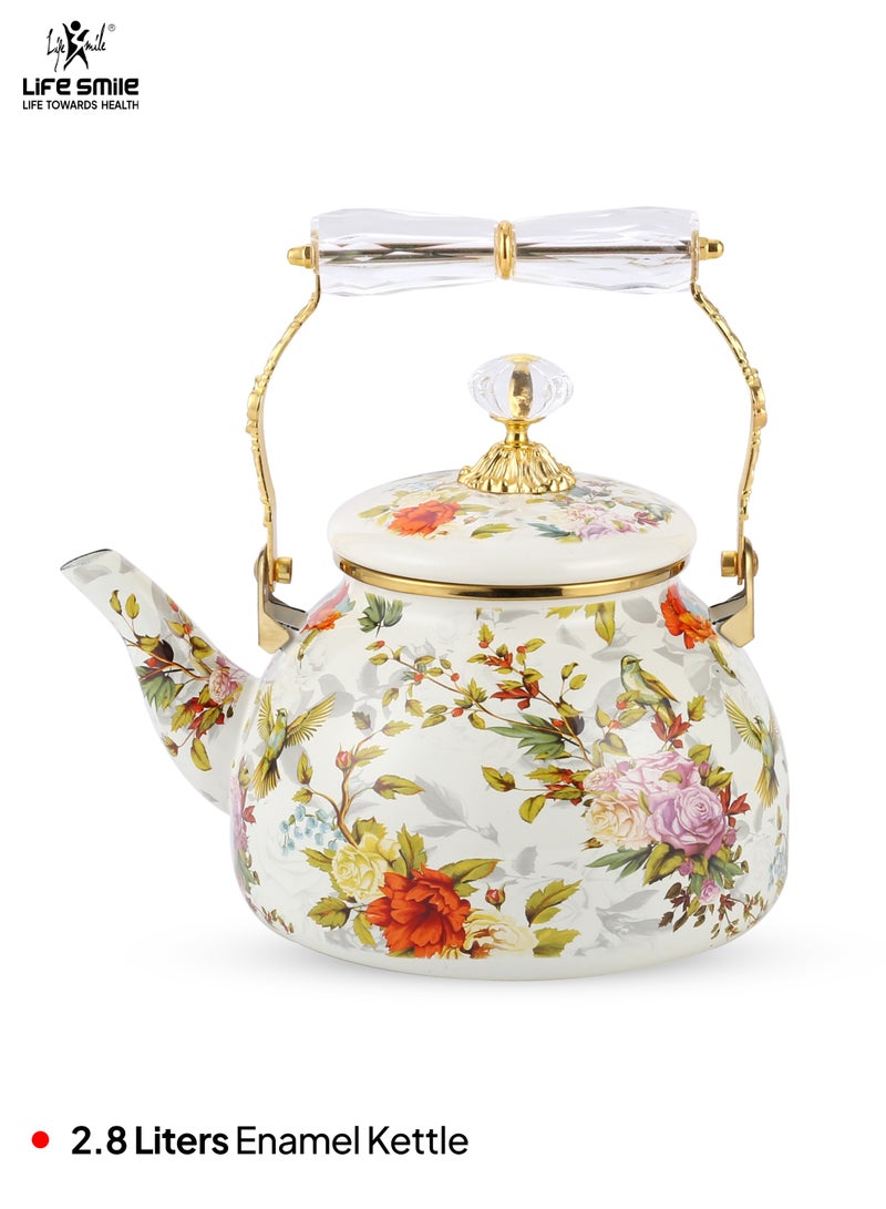 Life Smile غلاية منزلية محمولة سعة 2.8 لتر، غلاية شاي من الفولاذ المقاوم للصدأ مطلية بالمينا مع مقبض قابل للطي مقاوم للحرارة، غلاية شاي مع غطاء قابل للإزالة، مثالية لغلي الماء والحليب والشاي - Image 2