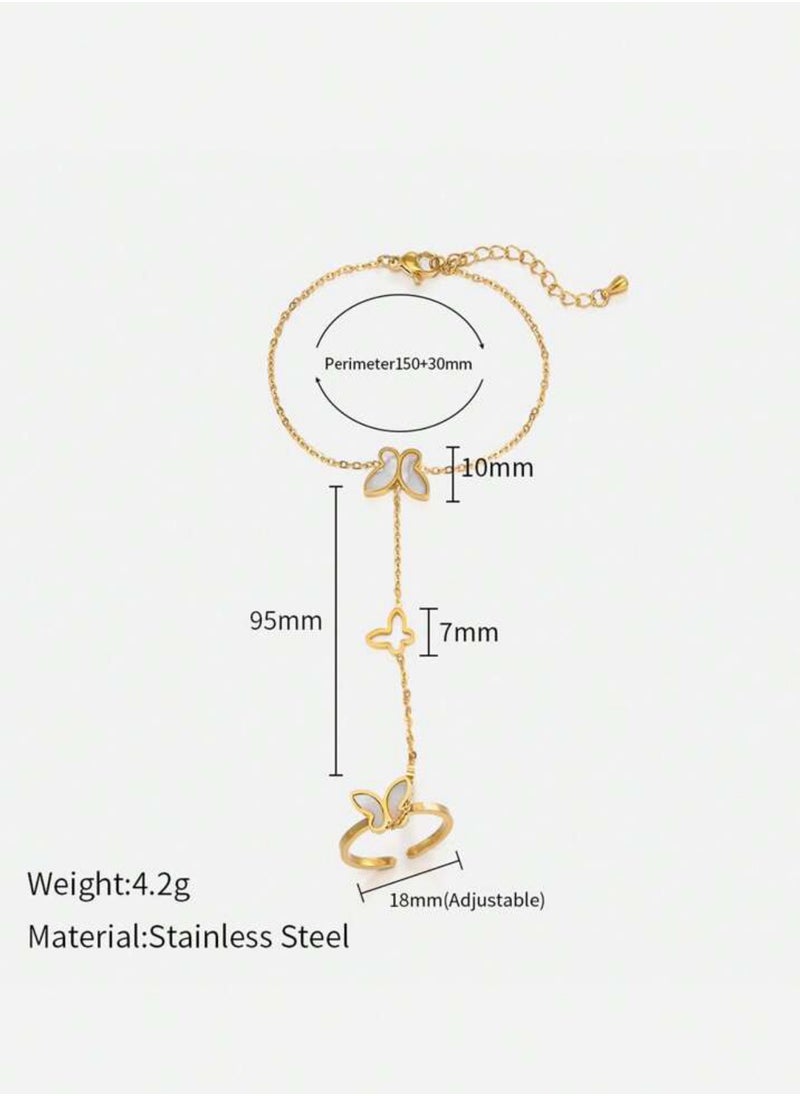 NOON'S UP - 18k Gold Plated Stainless Steel Bracelet With Connected Ring For Women - Image 1