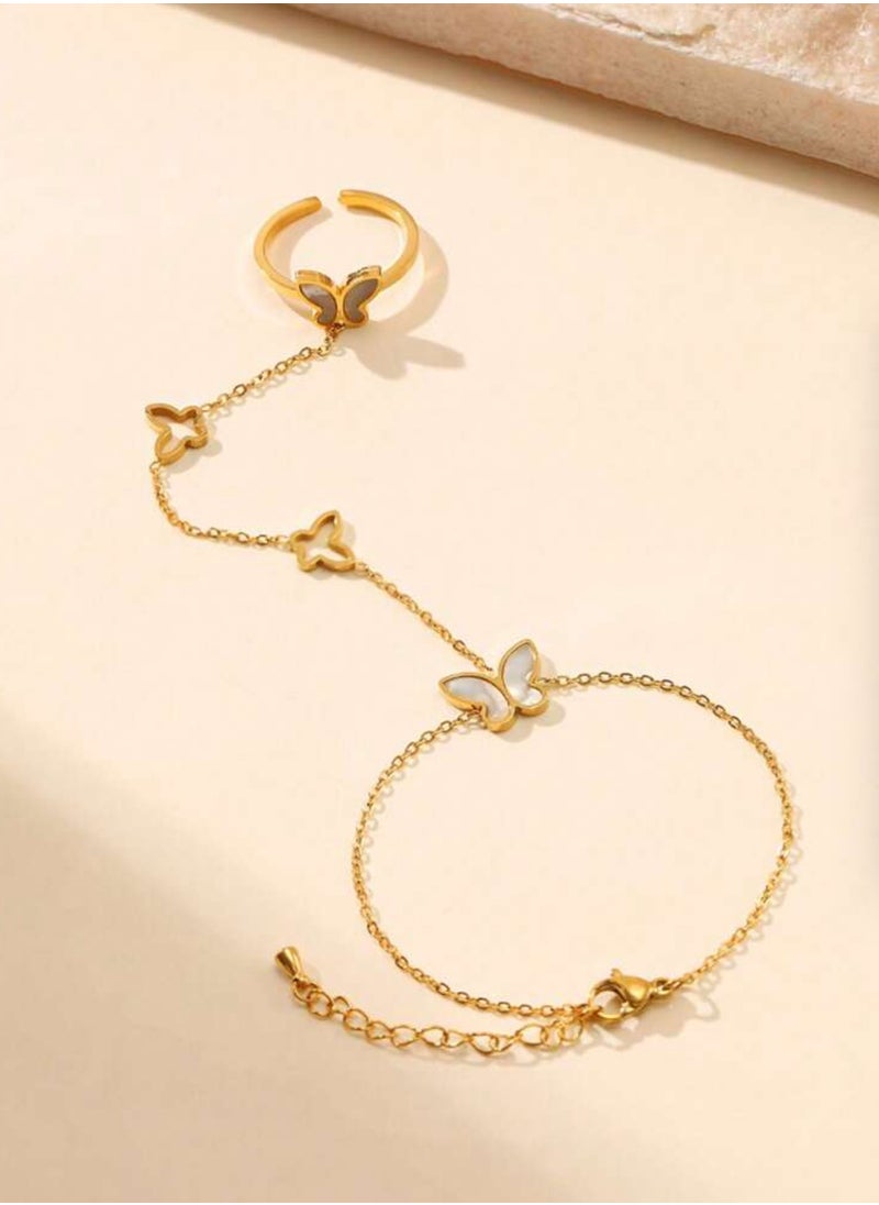 NOON'S UP - 18k Gold Plated Stainless Steel Bracelet With Connected Ring For Women - Image 1