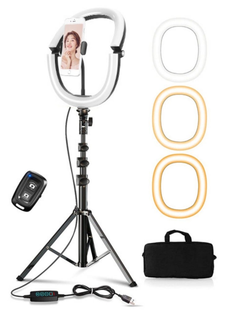 شو وو حلقة إضاءة قابلة للطي مقاس 10 بوصات مع حامل ثلاثي للهاتف بطول 1.6 متر، إضاءة سيلفي مع جهاز تحكم عن بعد، مع حقيبة تنظيم، لتسجيل الفيديو والبث المباشر والمكياج - Image 1