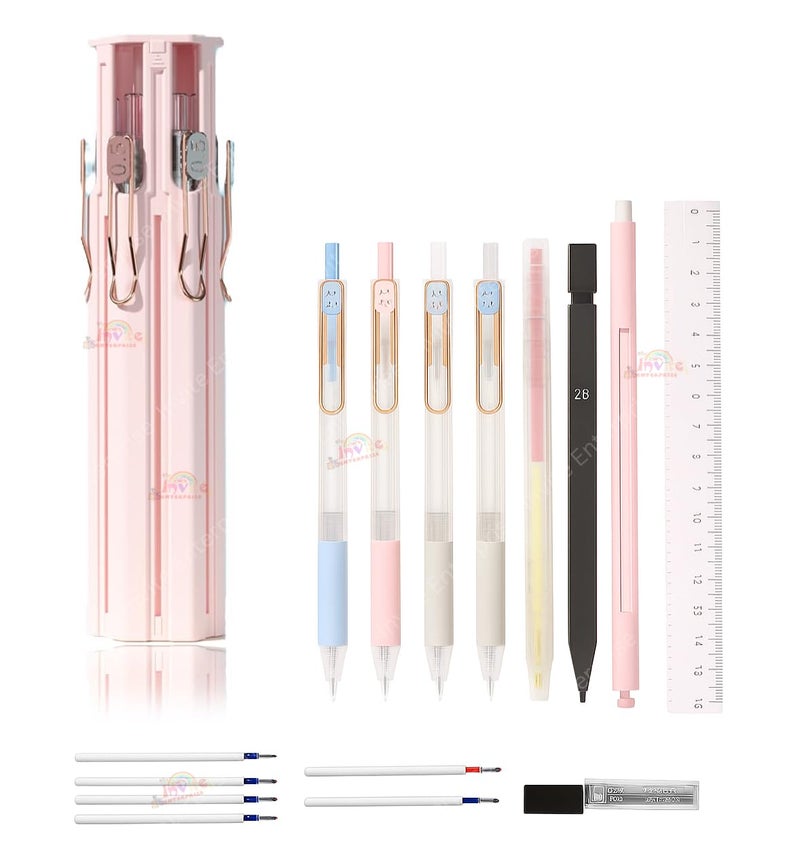 Invite Enterprise Pencil Box with Standing Pen Holder | Multi-Function Writing Case with Ruler, Gel Pens, Eraser & Refills | Ideal Gift for Boys, Girls [Multicolor] (6 in1 Pen case) - Image 1