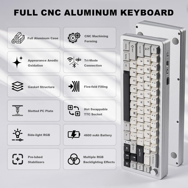 YUNZII YUNZII AL66 Wireless Mechanical Keyboard,Full Aluminum CNC,65% Knob Control,Bluetooth/2.4G/Wired,Hot Swappable Pre-lubed Switches,Gasket Mounted RGB for Win/Mac（Milk Switch, Silver) - Image 2