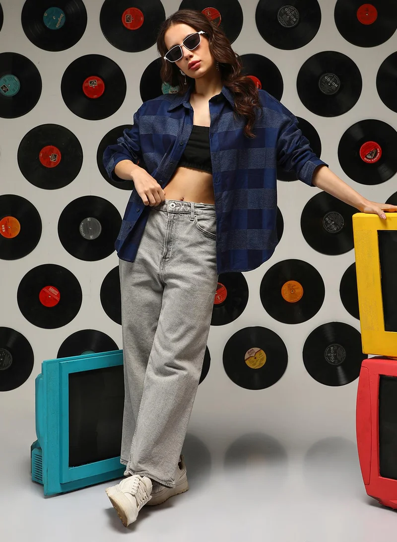 Pinacolada  Women's Steel Blue Buffalo-Check Oversized Shirt for Women | Best Price UAE