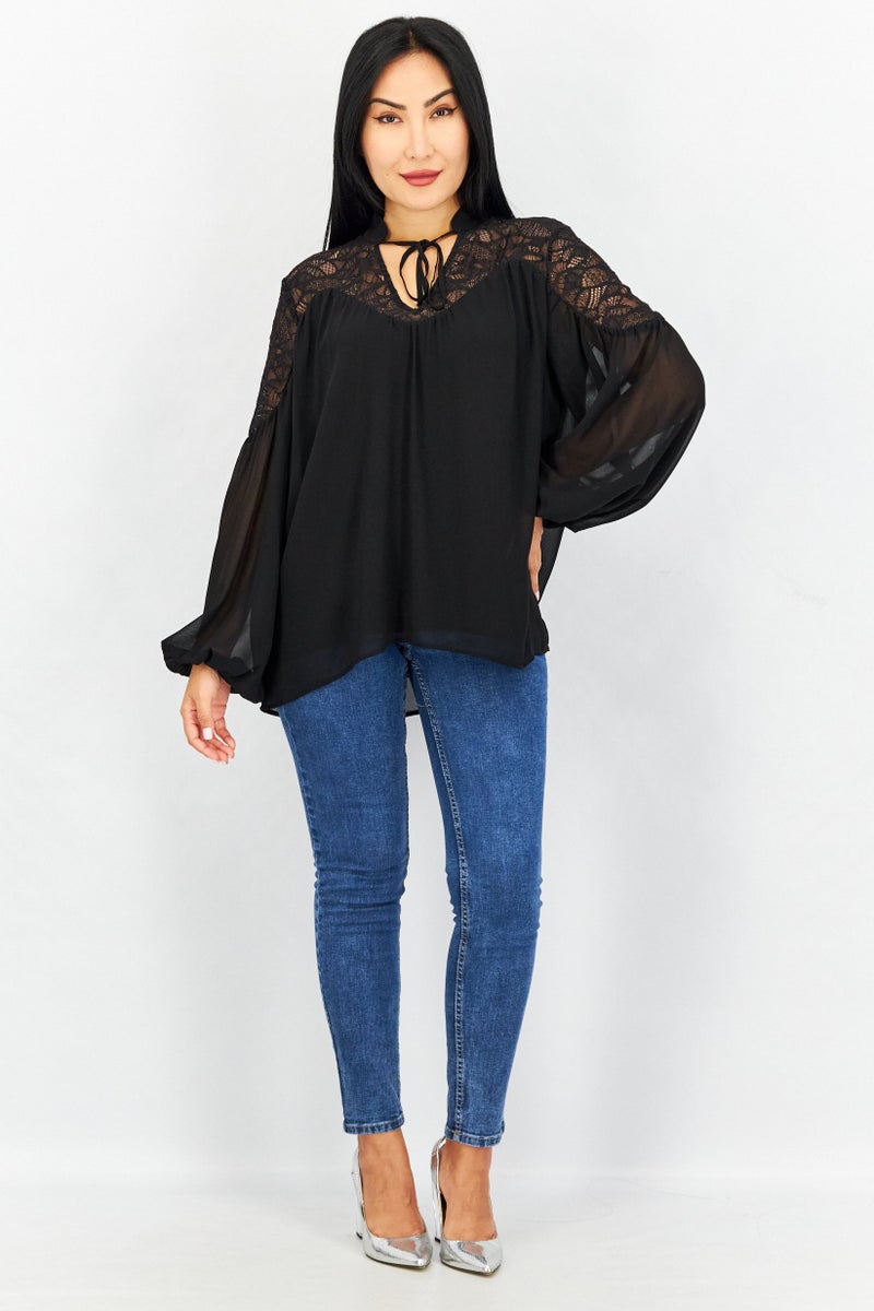 ESPRIT Women Tie Neck Long Sleeve Textured Blouse, Black - Image 3