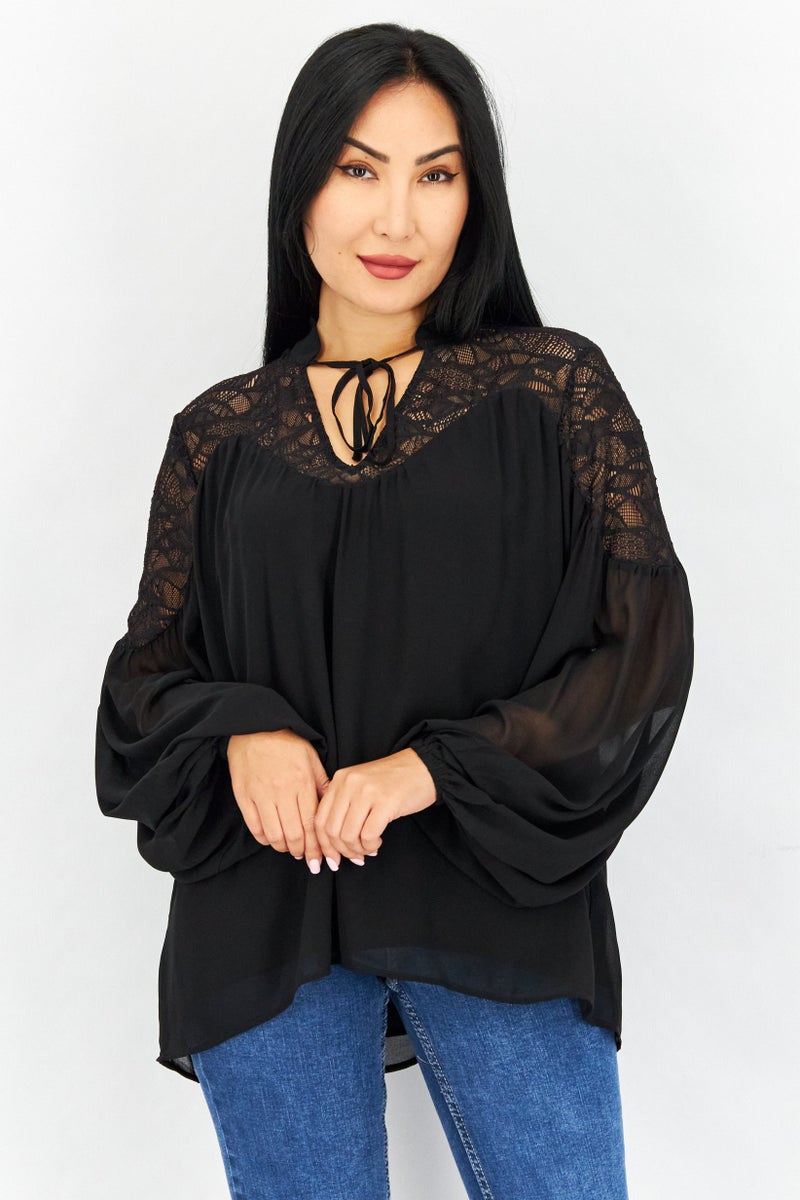 ESPRIT Women Tie Neck Long Sleeve Textured Blouse, Black - Image 1